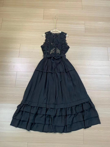 Summer Garden Round Collar Sleeveless Embroidered Hollow Lace Spliced White Fairy Dress Dress